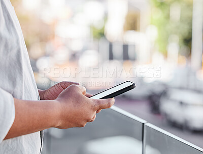 Buy stock photo Hands, person and phone for communication on balcony for social media, networking and typing for negotiation. Employee, mobile and website research, email schedule and project feedback on terrace