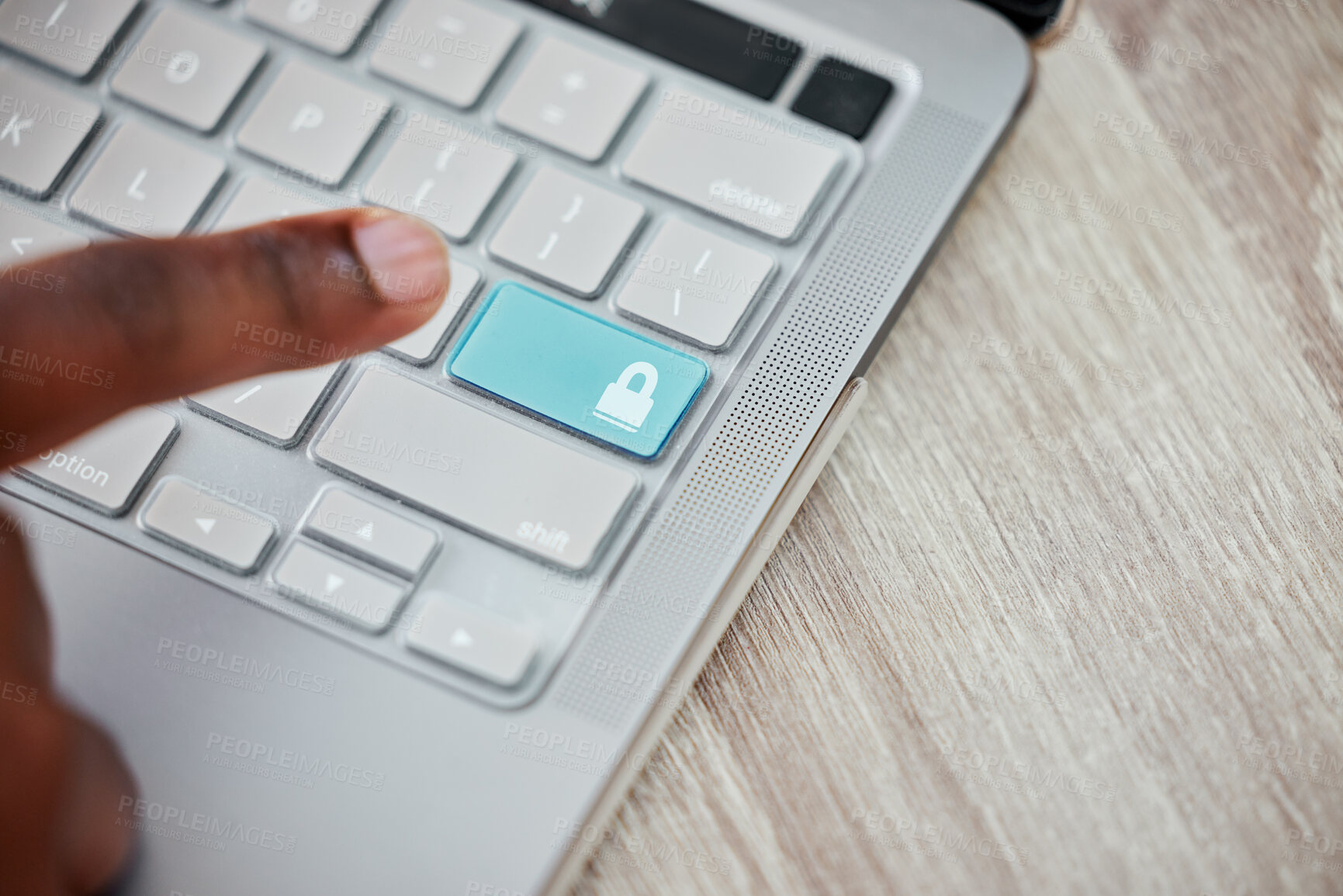 Buy stock photo Keyboard, finger or lock closeup for data protection, privacy or fingerprint biometrics on table. Key, security and hand press padlock button for info encryption, gdpr or person login to laptop above