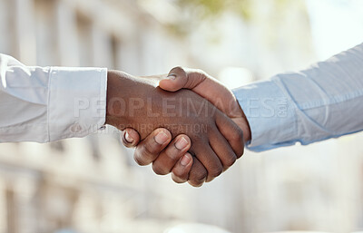 Buy stock photo Shaking hands, deal and business men with welcome, introduction or corporate settlement for agreement. Partnership, meeting and male colleagues with formal apology handshake for conflict resolution.