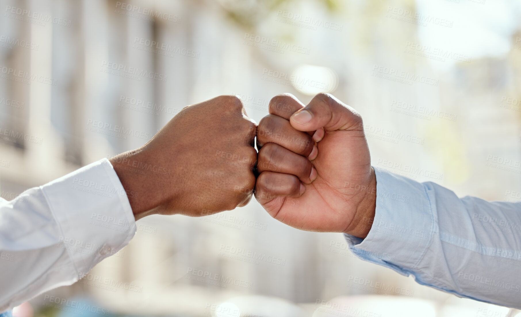 Buy stock photo Fist bump, outdoor and success of friends, gesture and celebration of win in courtroom, lawyer and teamwork. Hands, agreement and people in New York, victory and attorney for justice, legal and trust