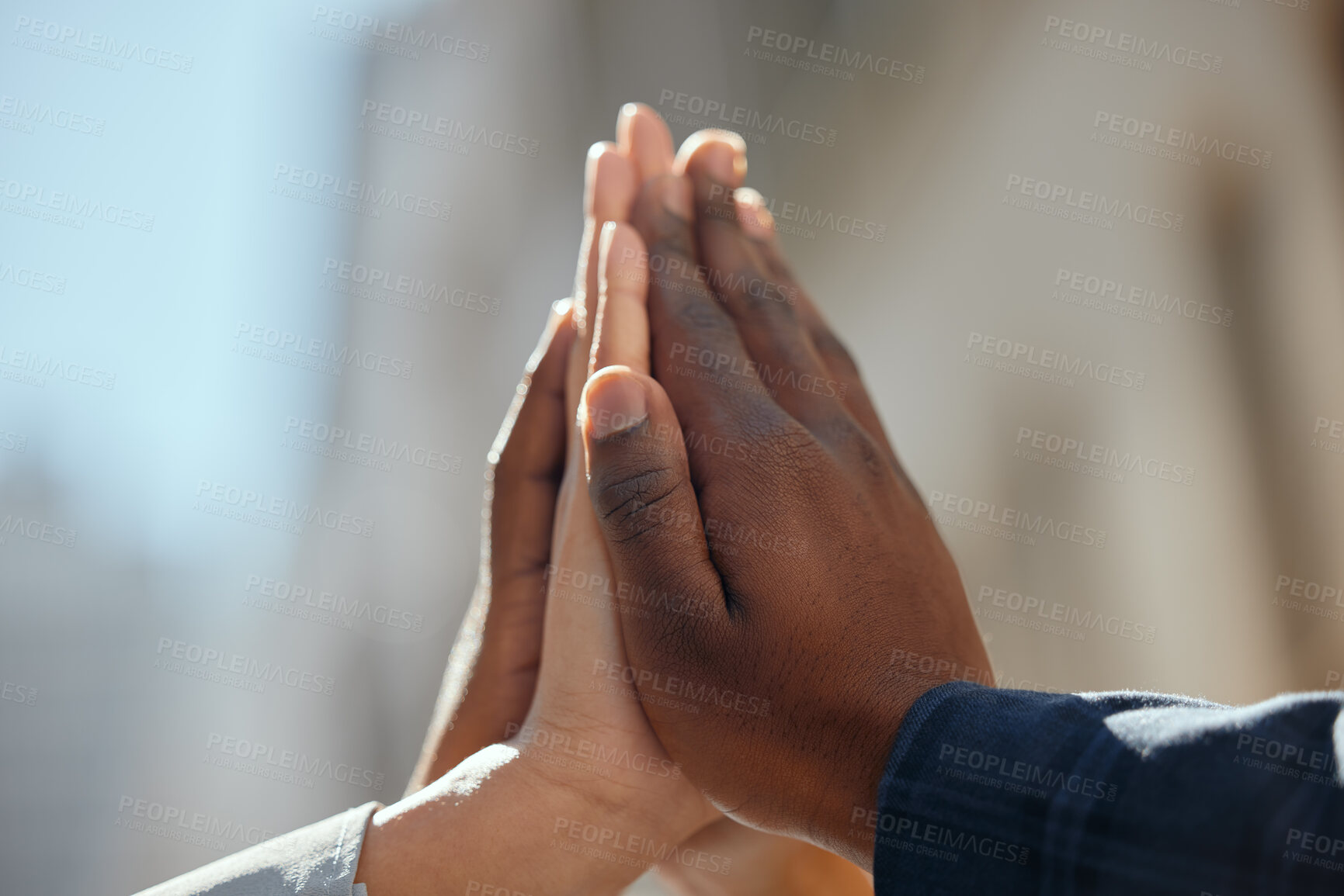 Buy stock photo Hands, support and synergy with teamwork, high five and partnership in outdoor for law firm in USA. Group of people, employees and cooperation in collaboration for together, community and celebration