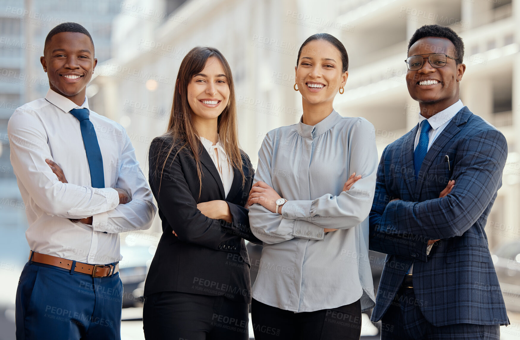 Buy stock photo Legal team, confidence and portrait outdoor for justice, diversity and collaboration with people. Law firm, cooperation and crossed arms for human rights and pride as attorney, advocate and lawyer