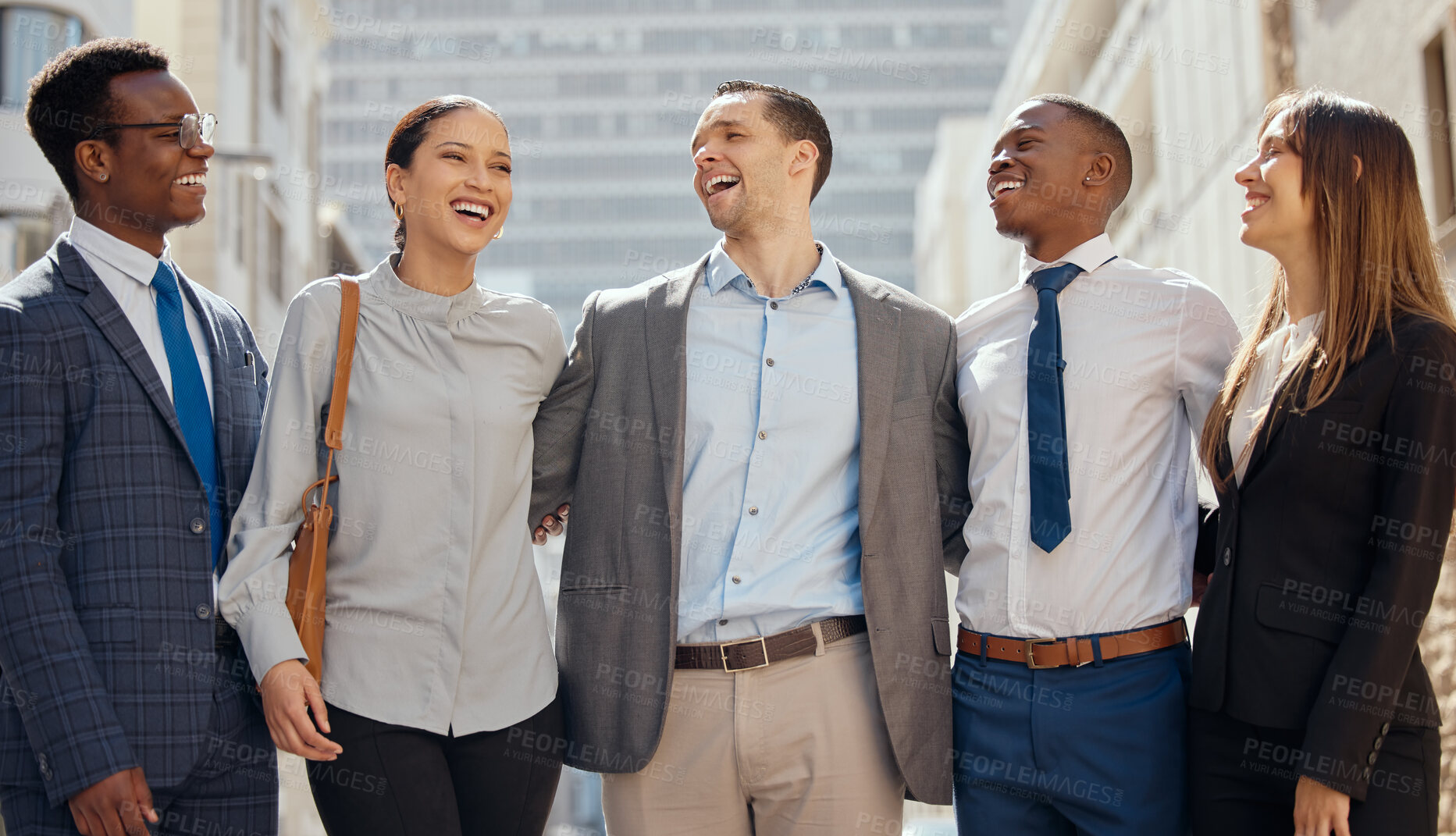 Buy stock photo Team building, smile and business people in city for support, diversity and coworking. Happy, group and corporate workers outdoor for cooperation, community and broker laughing at funny conversation