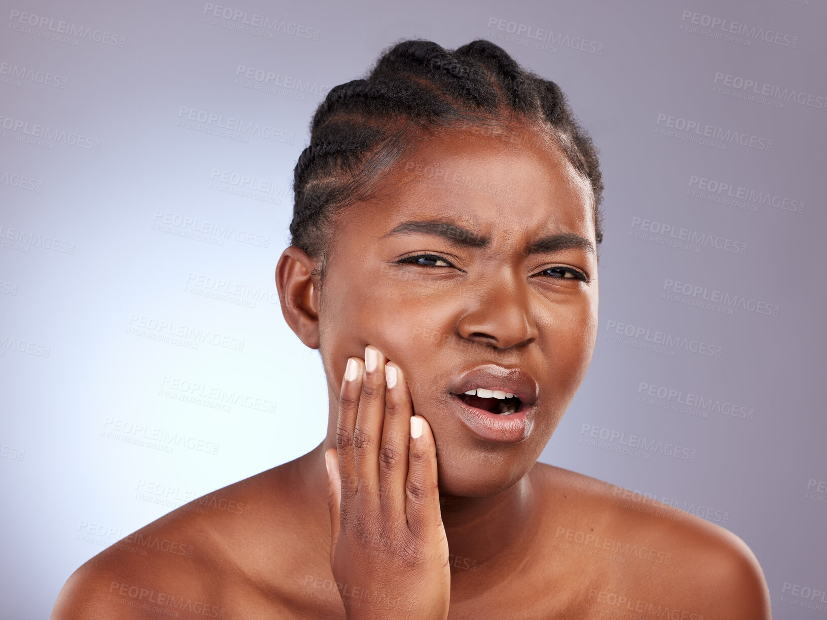 Buy stock photo Portrait, toothache and black woman with pain, dental hygiene or oral health on grey studio background. African person, face or model with emergency, frustrated or cavity crisis with sensitive teeth