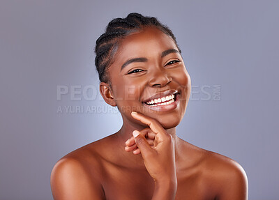 Buy stock photo Beauty, portrait and smile of natural black woman in studio on gray background for cosmetic wellness. Aesthetic, facial and skincare with happy model at spa for dermatology or vitamin c treatment