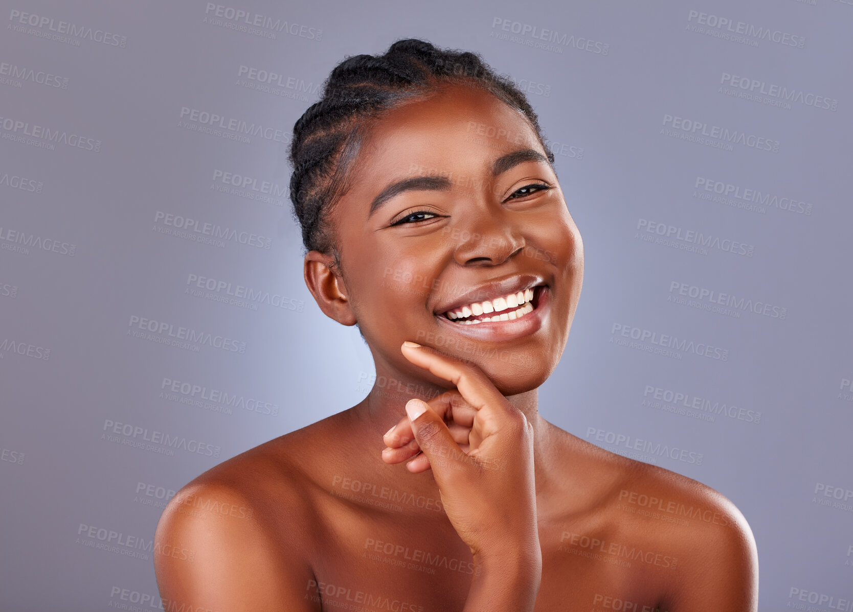 Buy stock photo Beauty, portrait and smile of natural black woman in studio on gray background for cosmetic wellness. Aesthetic, facial and skincare with happy model at spa for dermatology or vitamin c treatment