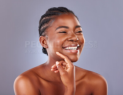 Buy stock photo Black woman, cosmetics and beauty with thinking, studio and happy for results with healthy skin in gray background. African, female person and smile for skincare, pride and glow for dermatology
