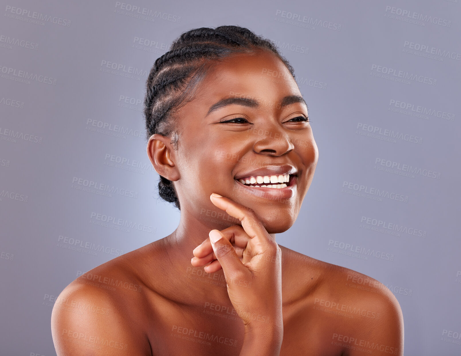 Buy stock photo Black woman, cosmetics and beauty with thinking, studio and happy for results with healthy skin in gray background. African, female person and smile for skincare, pride and glow for dermatology
