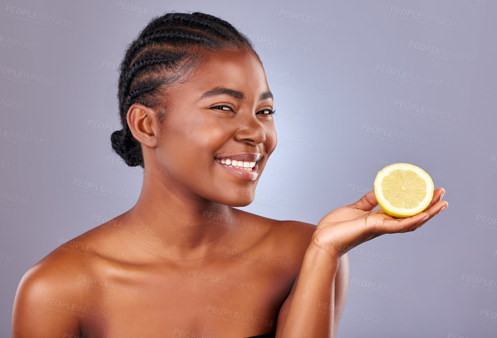 Buy stock photo Beauty, orange and portrait natural black woman in studio on gray background for cosmetic wellness. Aesthetic, fruit and skincare with happy model at spa for dermatology or vitamin c treatment