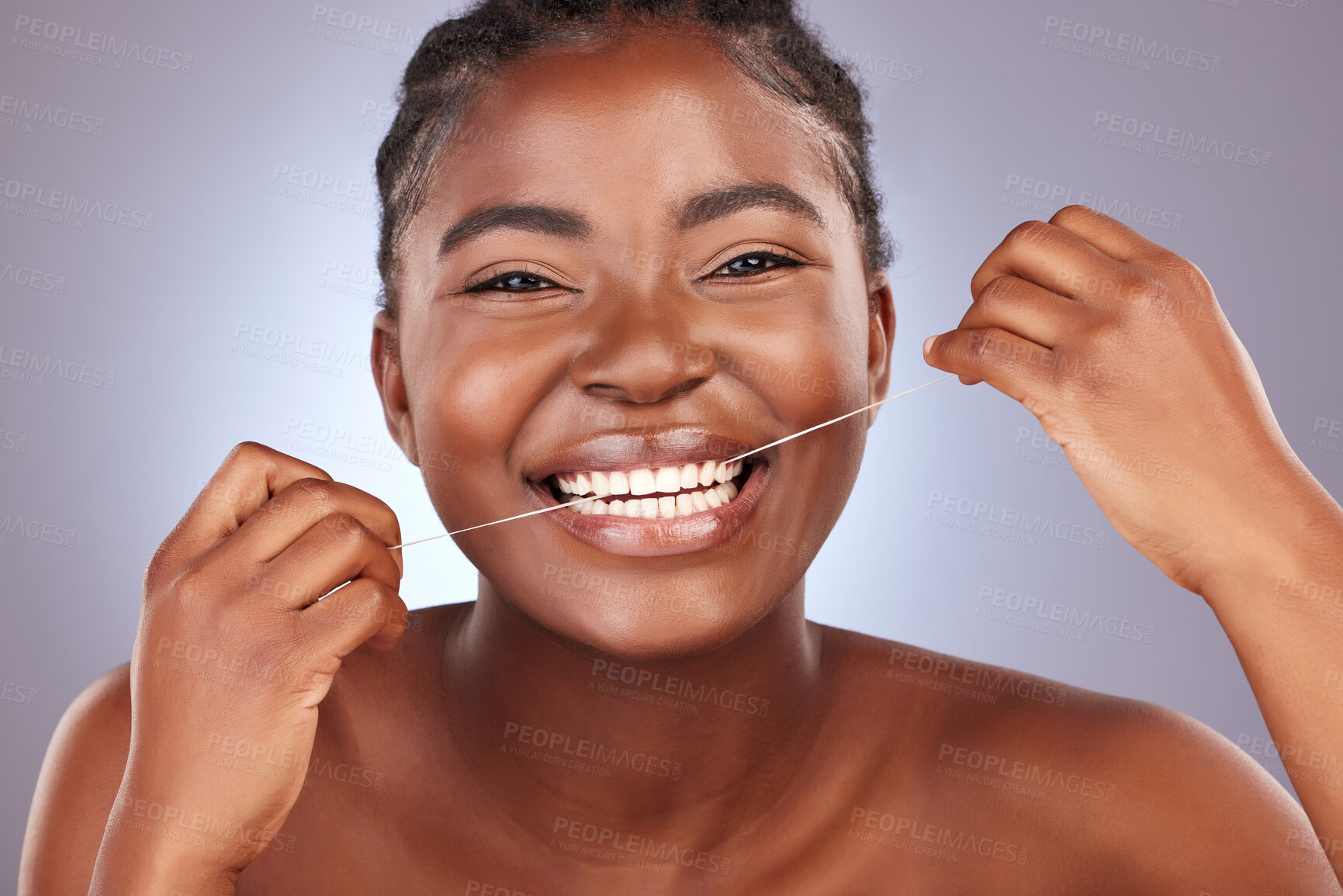 Buy stock photo Floss, happy and portrait of woman in studio with oral health, morning and wellness routine for self care. Smile, hygiene and person clean teeth for plaque removal dental treatment by gray background