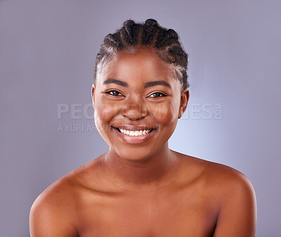 Buy stock photo Portrait, skincare and smile of natural black woman in studio on gray background for cosmetic wellness. Aesthetic, beauty and facial with happy model at spa for dermatology or vitamin c treatment