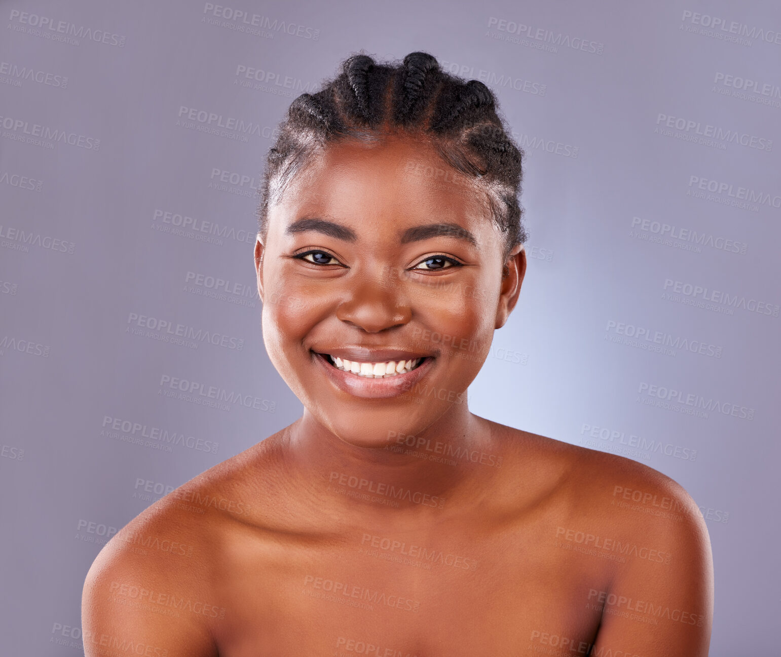 Buy stock photo Portrait, skincare and smile of natural black woman in studio on gray background for cosmetic wellness. Aesthetic, beauty and facial with happy model at spa for dermatology or vitamin c treatment