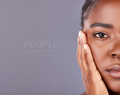 Buy stock photo Black woman, skincare and beauty with portrait in studio for results with healthy skin in gray background. African, female person and face in wellness for cosmetics, mockup and glow for dermatology
