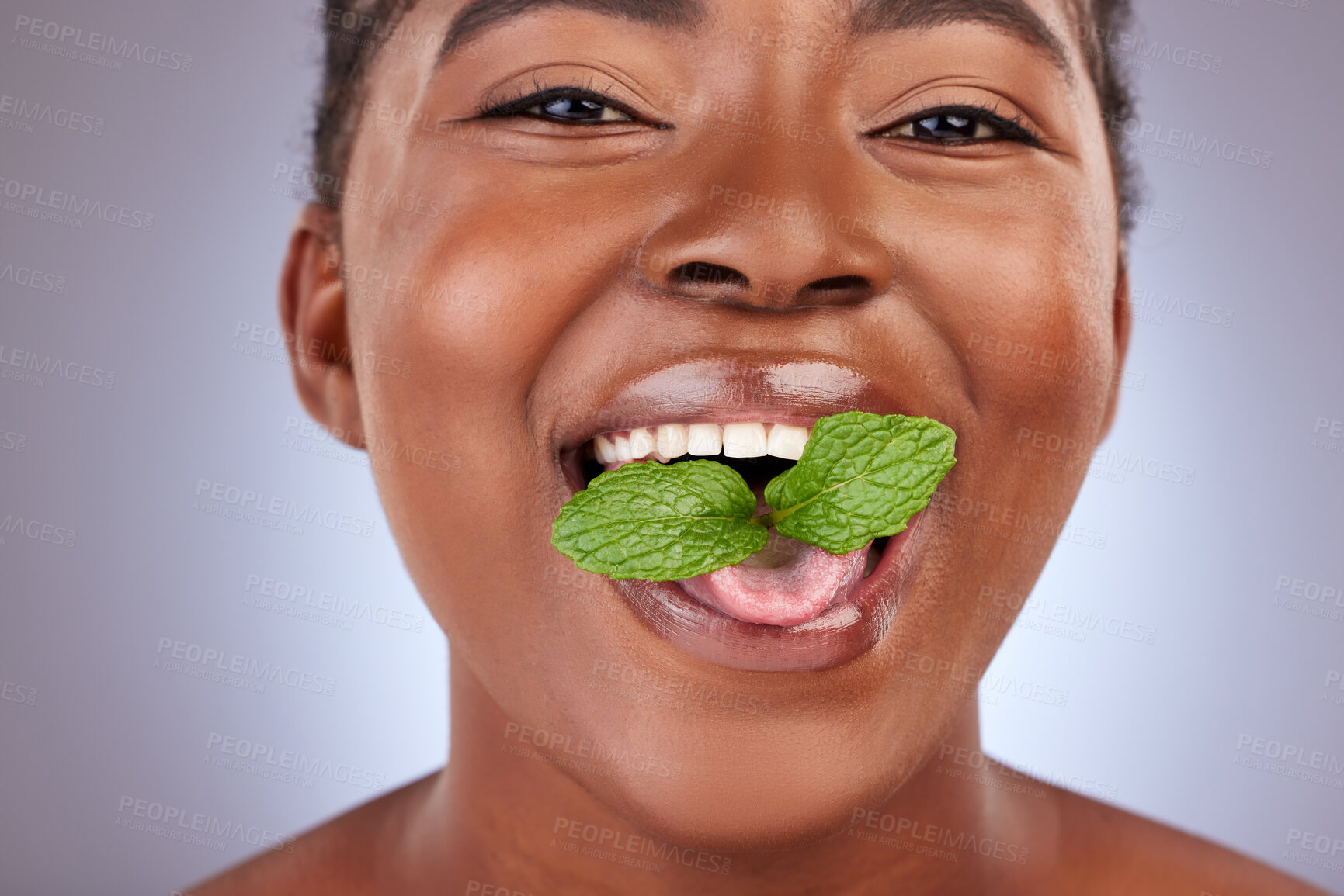 Buy stock photo Hygiene, woman and leaf in studio with portrait for treatment, healthy teeth or fresh breath on gray background. Mint, mouth and black model with green herb for wellness, oral care or satisfaction