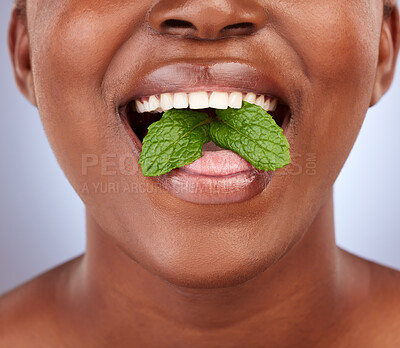 Buy stock photo Hygiene, woman and leaf in studio with closeup for treatment, healthy teeth or fresh breath on gray background. Mint, mouth and black model with green herb for wellness, oral care or satisfaction