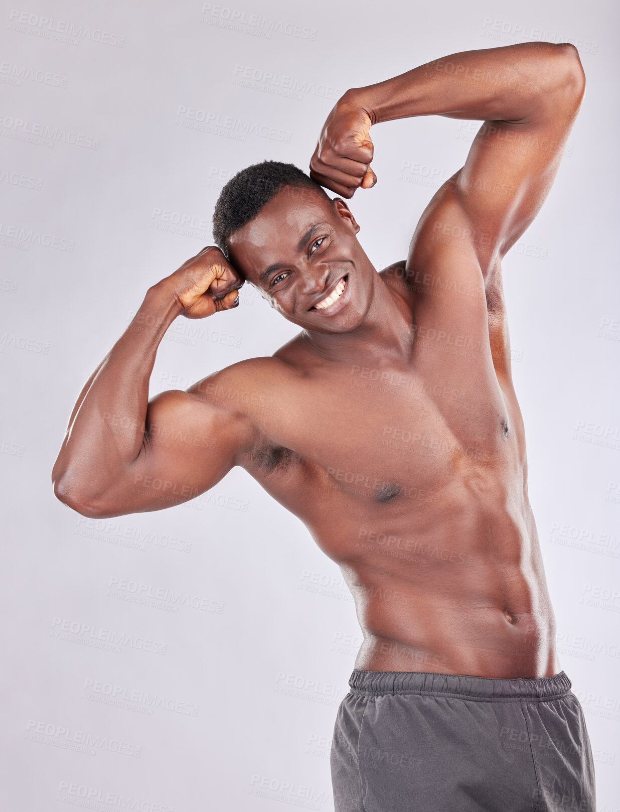 Buy stock photo Black man, portrait and flexing fitness in studio, strong arms and muscle on white background. Male person, confident and athlete for power or healthy body, bodybuilder and topless for wellness