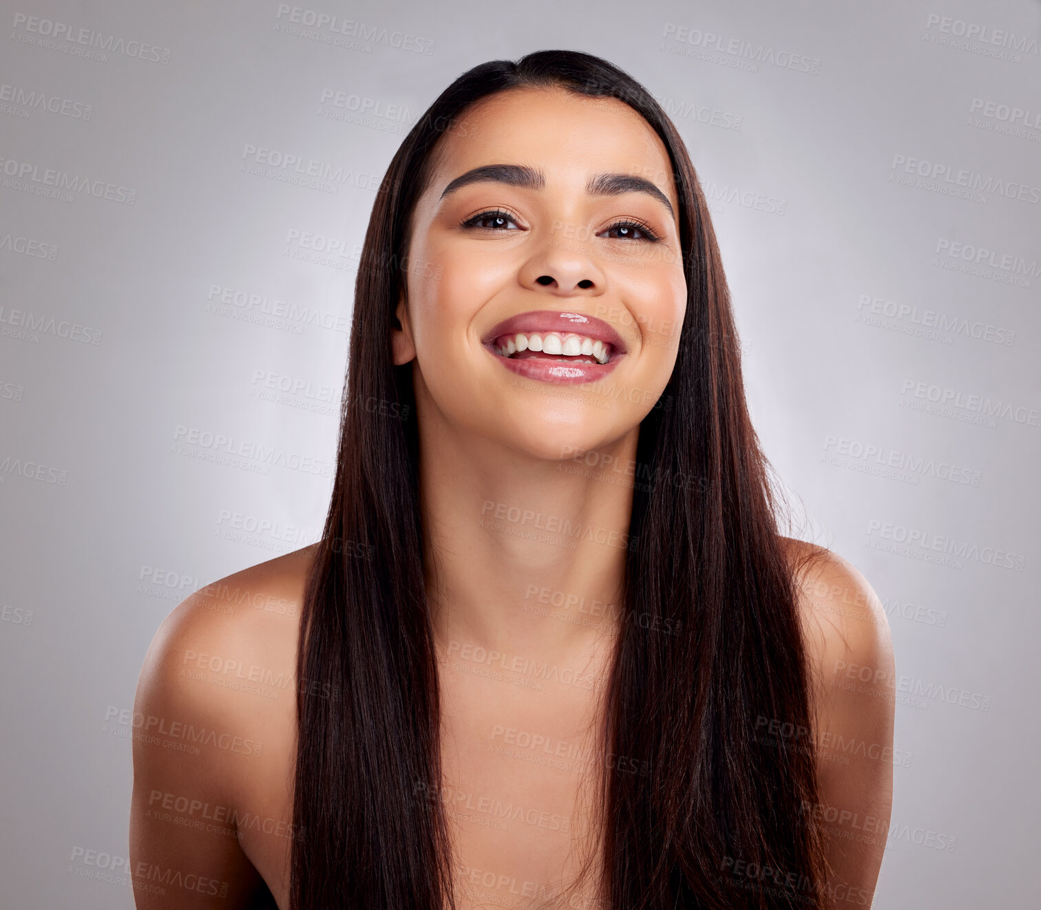 Buy stock photo Happy, girl and portrait in studio for haircare or routine, hairstyle and growth treatment. Woman, isolated and grey background with healthy hair, natural cosmetic and keratin glow with beauty