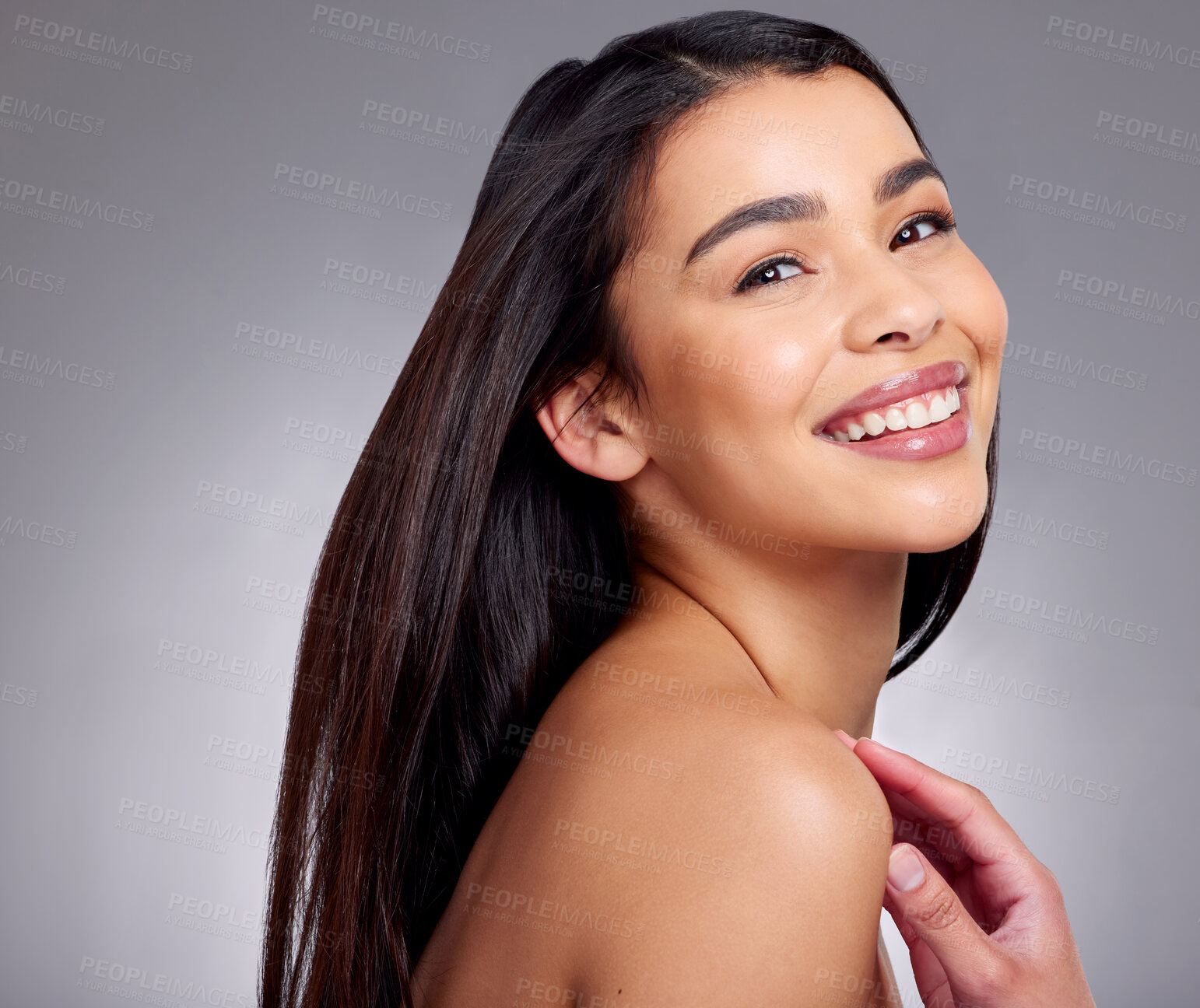 Buy stock photo Happy, woman and portrait for haircare in studio for growth, healthy shine and treatment transformation results. Proud, female person and smile or straight hairstyle, keratin glow and grey background