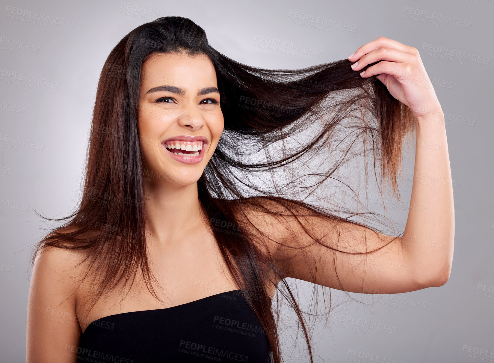 Buy stock photo Studio portrait, woman and excited for haircare, cosmetics and salon treatment or wellness. Model girl, smile and face for keratin, results and glow or benefits from shampoo by white background