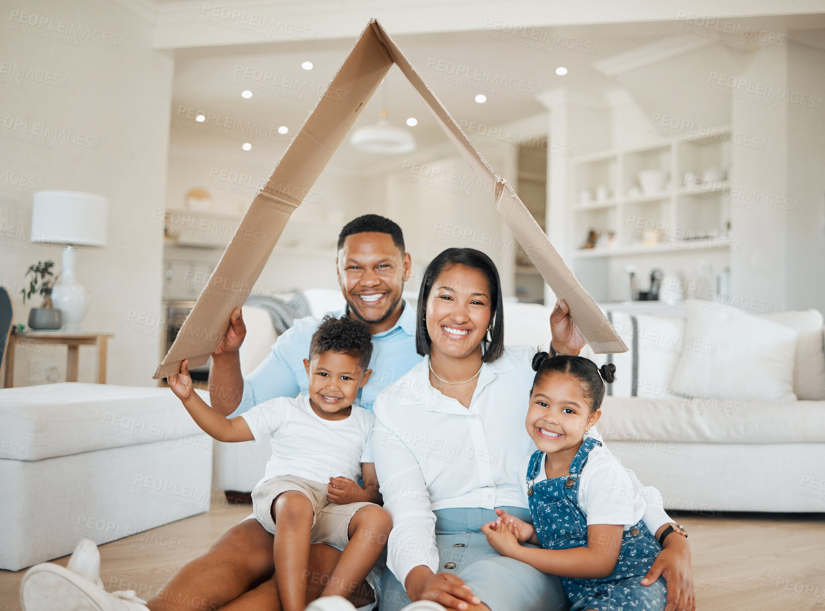 Buy stock photo Happy family, portrait and cardboard with roof for shelter, real estate or property investment at home. Mother, father and children with smile for house cover, insurance or love in safety or security