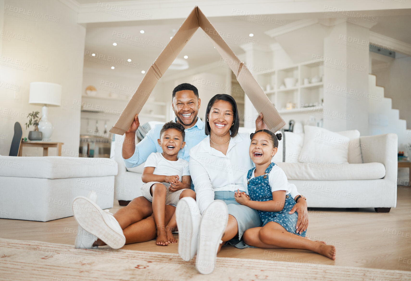 Buy stock photo Happy family, portrait and cardboard with roof for property, real estate or investment at home. Mother, father and children with smile or shelter for house cover, insurance or safety and security