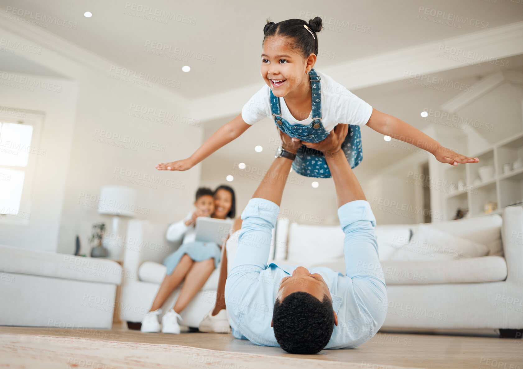 Buy stock photo Happy family, father or daughter flying with aeroplane for playful bonding, weekend or holiday together at home. Child, little girl or kid playing with dad or smile for fun childhood, love or support