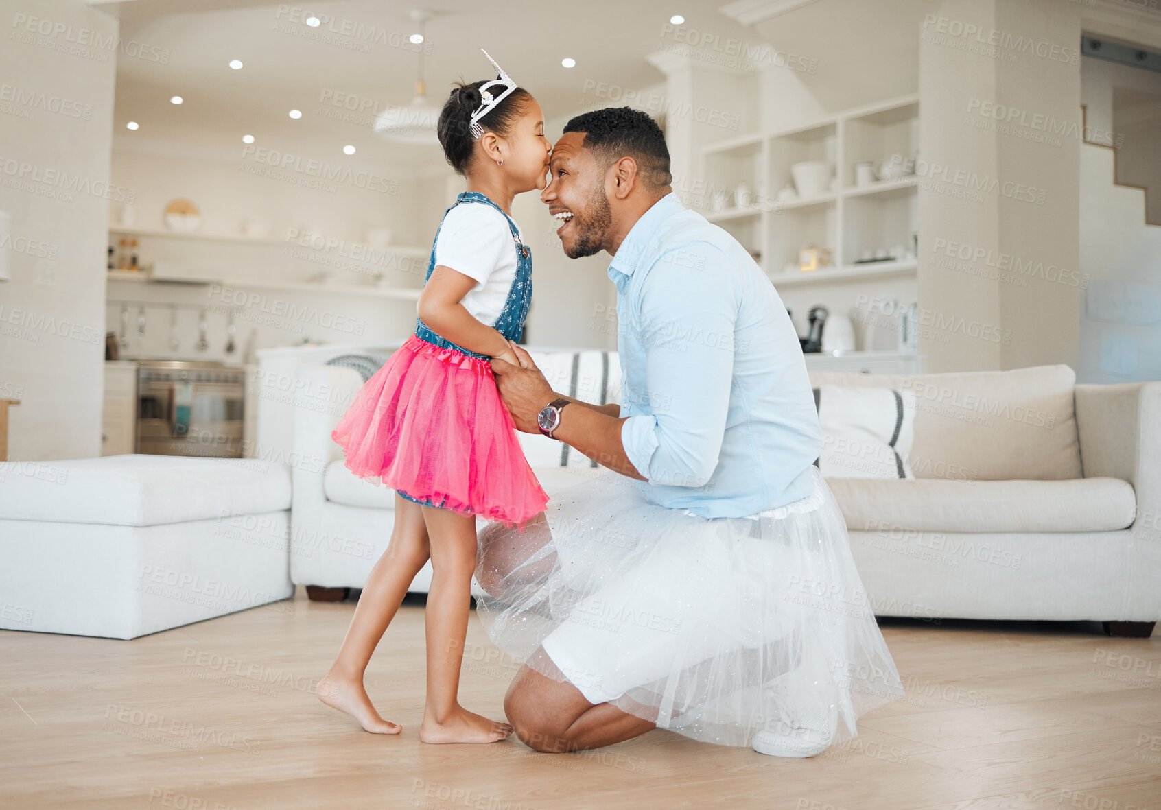 Buy stock photo Happy dad, daughter and princess with kiss in tutu for bonding, love or care with parent at home. Father, child or little girl with cosplay or affection for fun childhood, support or dance at house