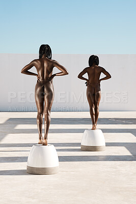 Buy stock photo Rearview shot of two unrecognizable young women posing nude outdoors