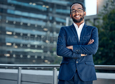 Buy stock photo Portrait, business man and lawyer with arms crossed in city for career or job. Face smile, glasses and male professional, entrepreneur or attorney from India with confidence, pride or success mindset