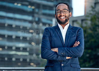 Buy stock photo Portrait, man and accountant with arms crossed in city for  business career. Face, glasses and happy male professional, entrepreneur or auditor from India with confidence, pride or success mindset.