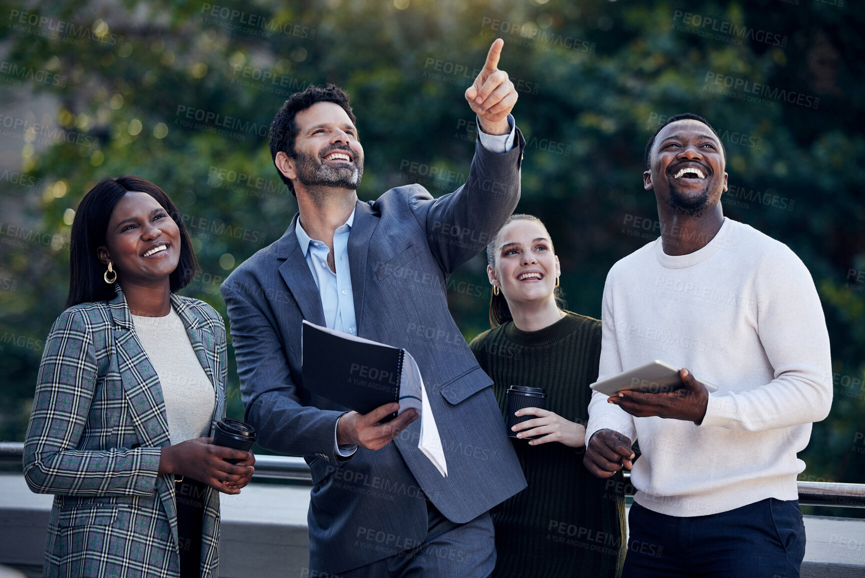 Buy stock photo Business people, point and balcony with meeting, discussion and smile for startup success. Management, tablet and diversity for teamwork, collaboration and planning for corporate report with tech