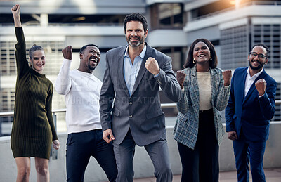 Buy stock photo Business people, portrait and celebration on rooftop for company win, fist pump and motivation. Employees, excited and proud of success or goal achievement, bonus and promotion or salary increase