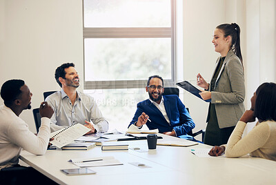 Buy stock photo Planning, diversity and a woman in a meeting with business people for a work agenda or schedule. Laughing, training and a team of employees in office for a corporate discussion or mentoring of group