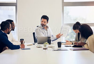 Buy stock photo Businessman, documents and coaching in boardroom meeting for team project, planning or strategy at office. Business people, coach and training staff with paperwork or document for plan at workplace