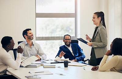Buy stock photo Planning, happy and a woman in a meeting with business people for a work agenda or schedule. Laughing, training and a team of employees in an office for a corporate discussion or mentoring of a group
