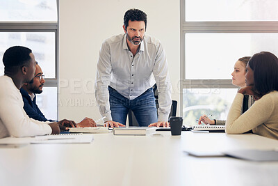 Buy stock photo Business meeting, team and serious boss in boardroom for briefing, collaboration and workshop with diversity. Group of people, conference and company executive in office for training or mentorship