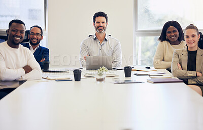 Buy stock photo Business people, portrait and meeting for teamwork, planning or brainstorming together at the office. Happy group of employee workers with smile for team project, strategy or discussion in boardroom