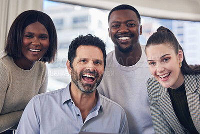Buy stock photo Mature man, group and diversity in portrait as mentor with happy, internship and workplace for experience. Team, leader and smile in office or boardroom as colleagues in collaboration for project