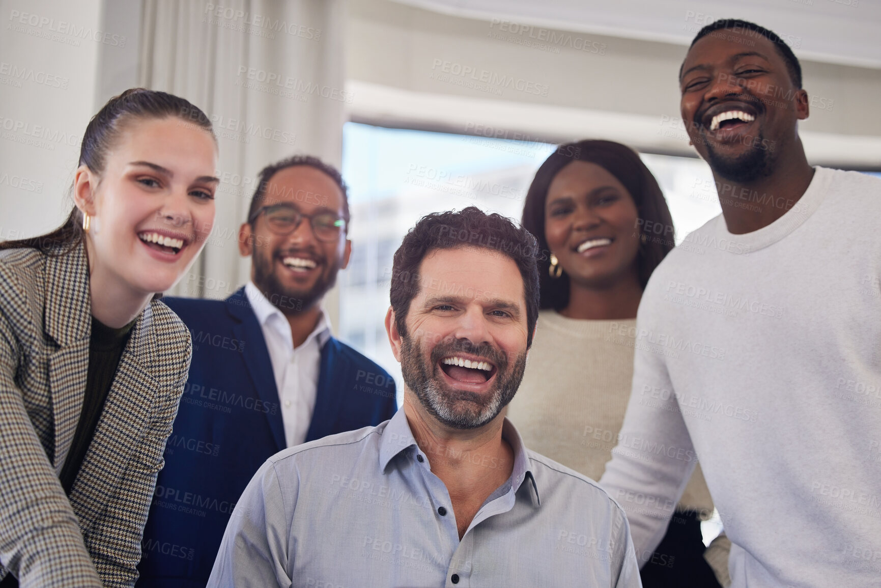 Buy stock photo Mature man, group and diversity in portrait as mentor with laughing, internship and workplace for experience. Team, leader and happy in office or boardroom as colleagues in collaboration for project