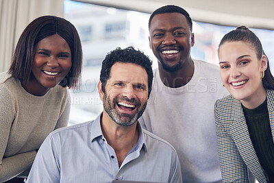 Buy stock photo Portrait, smile and business people with teamwork, collaboration and meeting for brainstorming, project and company growth. Face, staff and group with happiness, formal and coworkers with diversity