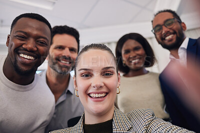 Buy stock photo Group, business people and selfie in office portrait with smile, happiness and social media app with diversity. Men, woman and photography in workplace for teamwork, profile picture and solidarity