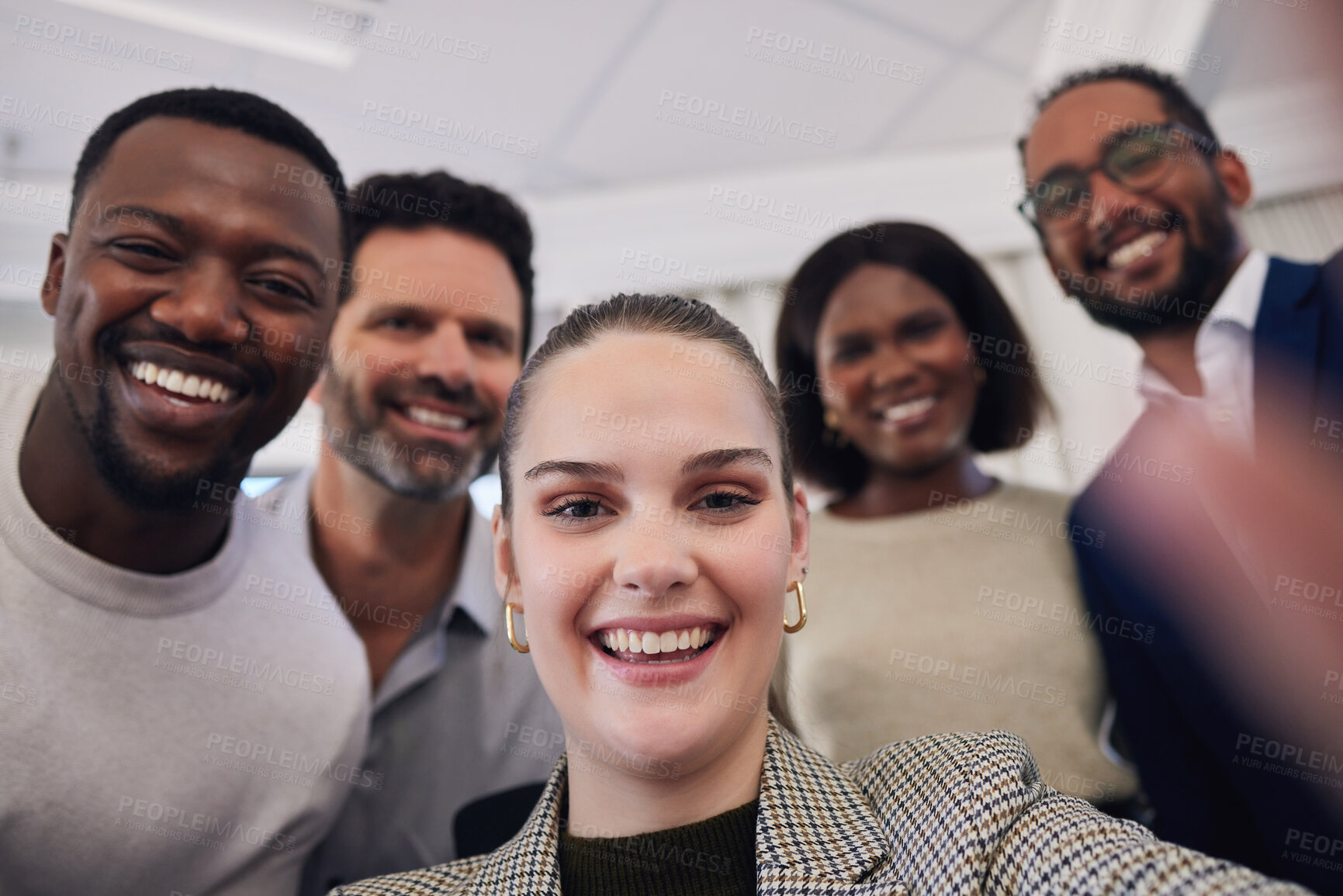 Buy stock photo Group, business people and selfie in office portrait with smile, happiness and social media app with diversity. Men, woman and photography in workplace for teamwork, profile picture and solidarity