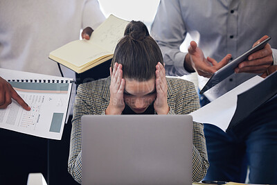 Buy stock photo Laptop, headache and multitask with a business woman and demanding colleagues working in the office. Stress, anxiety and deadline pressure with an overwhelmed female employee at work on a computer