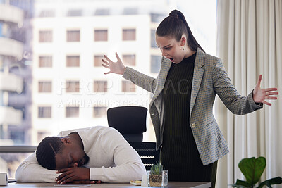 Buy stock photo Angry, deadline and manager shouting at sleeping employee with fatigue at desk in office for discipline. Burnout, stress and wow with woman boss yelling at tired staff member to wake up for deadline