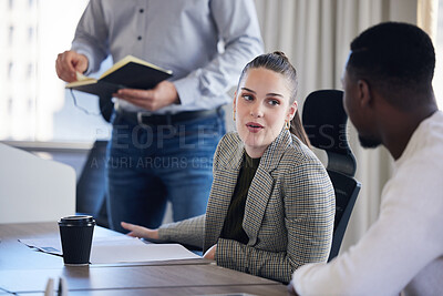 Buy stock photo Meeting, discussion and business people with documents in office for research information with team. Collaboration, coffee and finance advisors with paperwork for company budget planning in boardroom