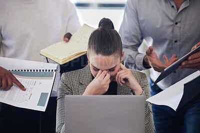 Buy stock photo Laptop, stress and multitask with a business woman and demanding colleagues working in the office. Headache, anxiety and deadline pressure with an overwhelmed female employee at work on a computer