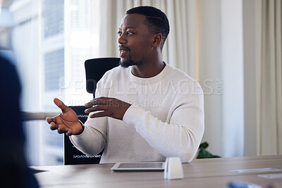 Buy stock photo Black man, workshop and meeting in office with tablet, business review and update for project management. Employee, talking and connection in workplace with tech, idea discussion and report feedback
