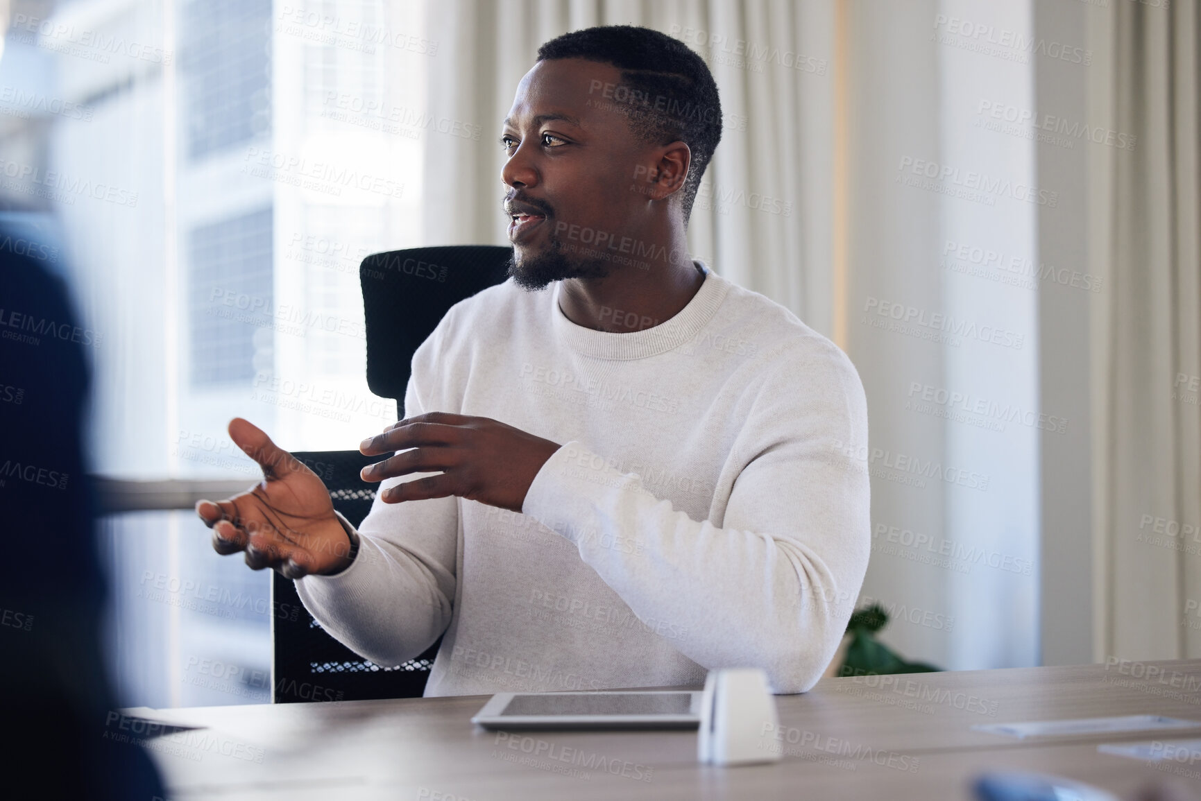 Buy stock photo Black man, workshop and meeting in office with tablet, business review and update for project management. Employee, talking and connection in workplace with tech, idea discussion and report feedback