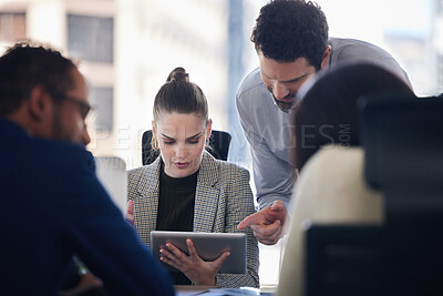 Buy stock photo Tablet, planning and business people doing research while in discussion in a meeting in the office. Technology, professional and corporate team working on a project in collaboration in the boardroom.