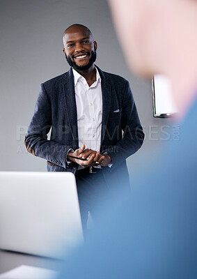 Buy stock photo Meeting, presentation and coaching with a business black man in the boardroom for a training workshop. Management, education and planning with a young male speaker in he office during a seminar